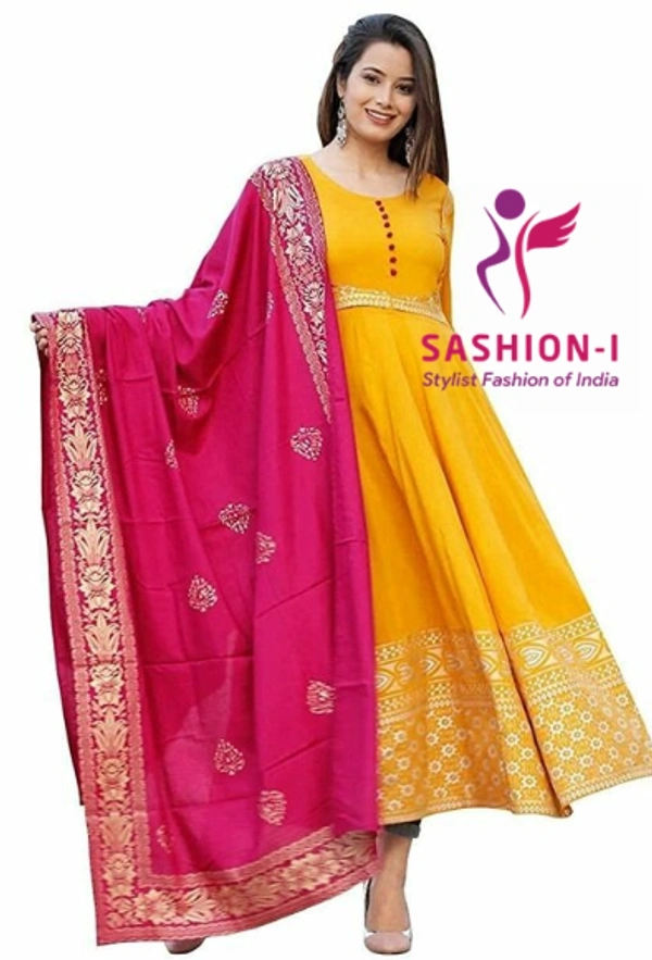 Yellow Trending Kurta Zari Work with Pink Rayon Dupatta - Yellow with Pink Dupatta